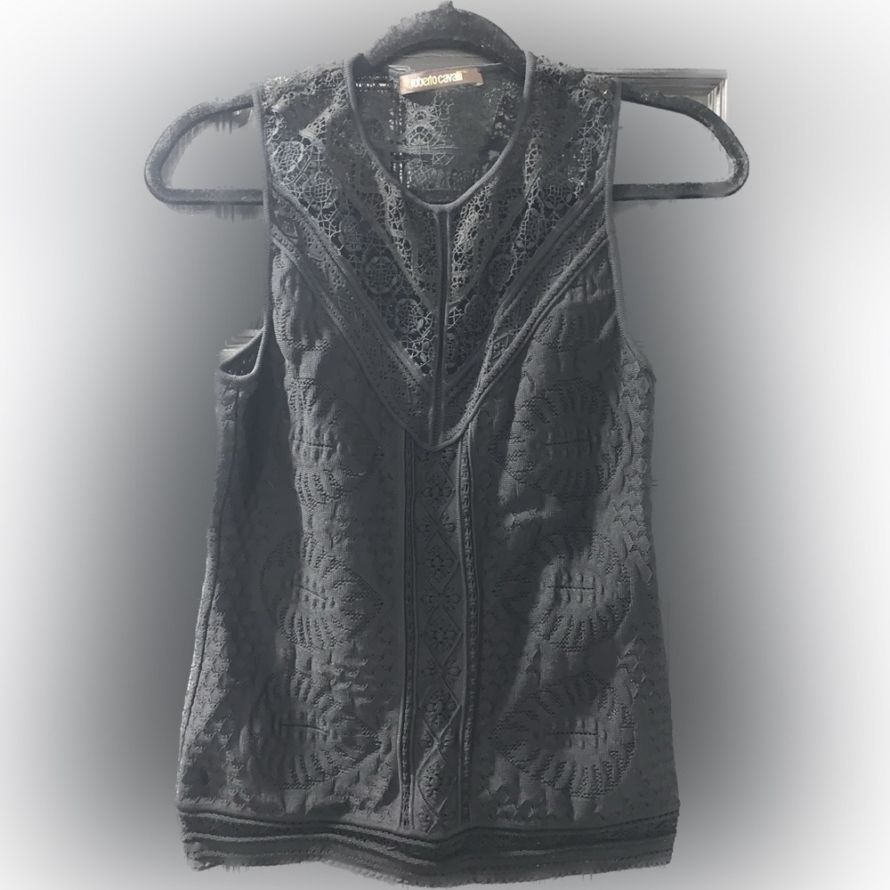 Robert Cavalli | Black A-Line Cutout Knit Lace Tank Top | Size EU 44